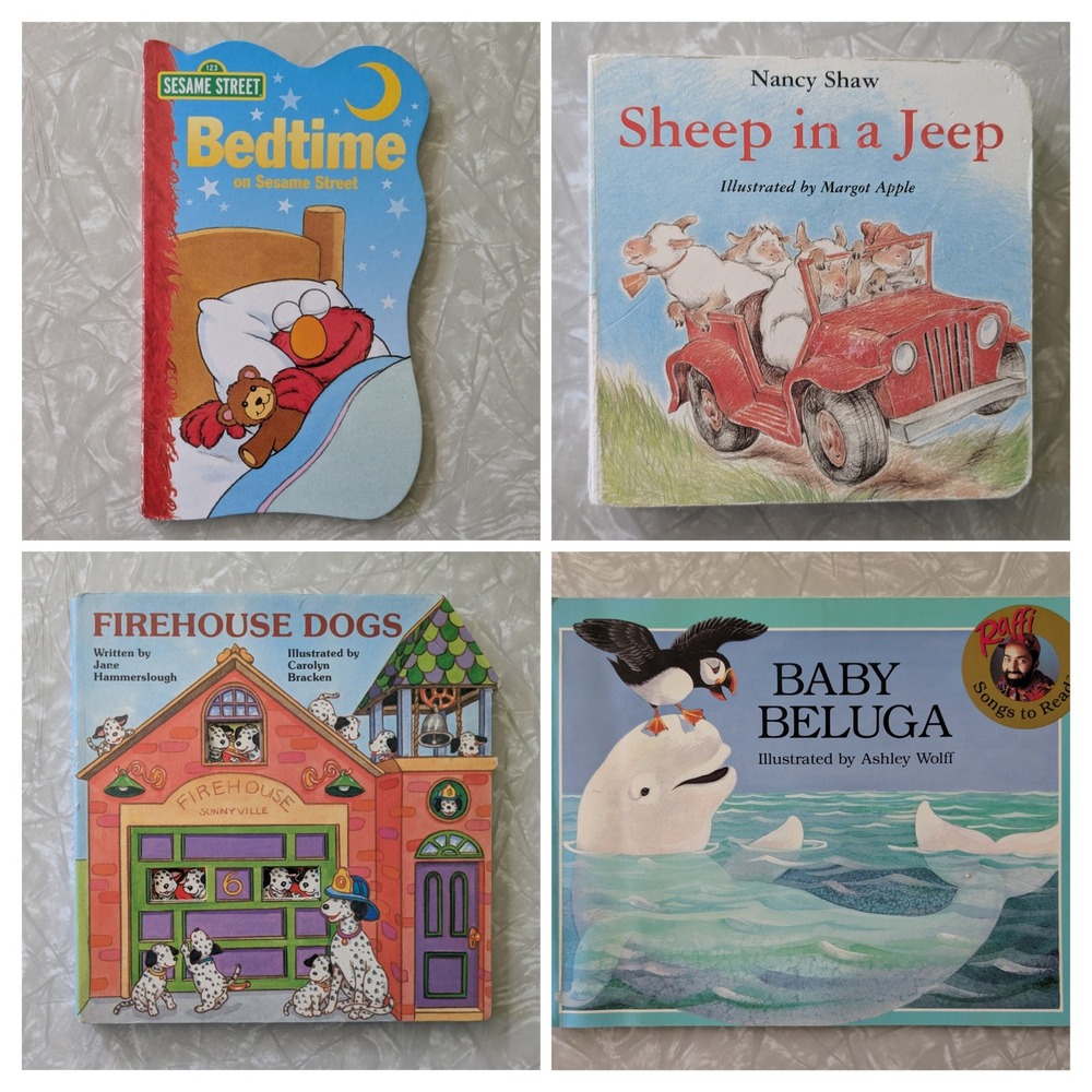 Lot of 4 Kids Books Sheep in a Jeep Baby Beluga Sesame Street Firehouse Dogs